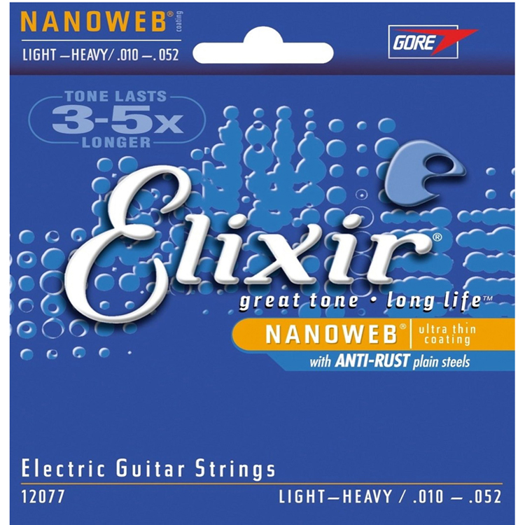 Dây guitar điện Elixir 12077 Nickel Plated NANOWEB® Light/Heavy (.010-.052) với lớp phủ Nanoweb  siêu mỏng  giữ cho chúng có âm thanh tuyệt vời với thời gian dài hơn nhiều so với dây không phủ.