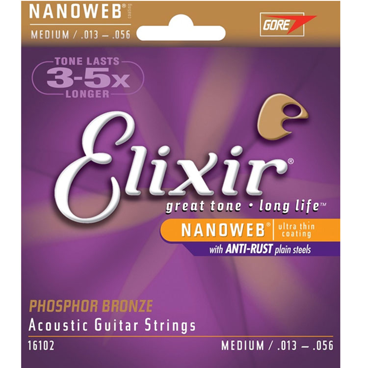 Dây guitar Acoustic Elixir 16102- Phosphor Bronze NANOWEB® Medium (.013-.056) được bảo vệ đặc biệt bởi lớp phủ Nanowweb giúp chống lại bụi bẩn bởi tác động của môi trường giữ âm thanh tươi sáng theo thời gian