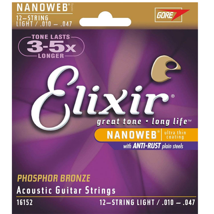 Elixir 16152 - Phosphor Bronze NANOWEB® 12-String Light (.010-.047) là dây gitar được sản xuất đặc biệt theo công nghệ phủ Nanoweb cho âm thanh sáng rỏ và bền bỉ theo thời gian